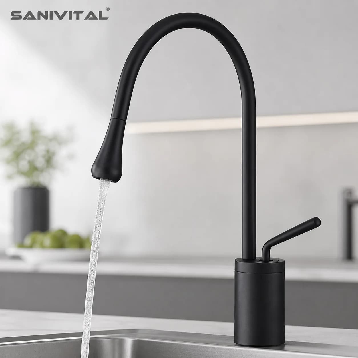 SANIVITAL Rubinetto da Cucina Nero Opaco con Collo Flessibile, Miscelatore Monocomando Caldo/Freddo per Uso Domestico