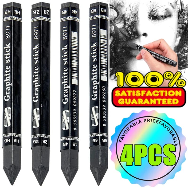 1-4PCS HB/2B/4B/6B Woodless Hexagonal Graphite Stick Pencil Bold Black Charcoal Student Sketch Painting Graphite Pen Art Supply