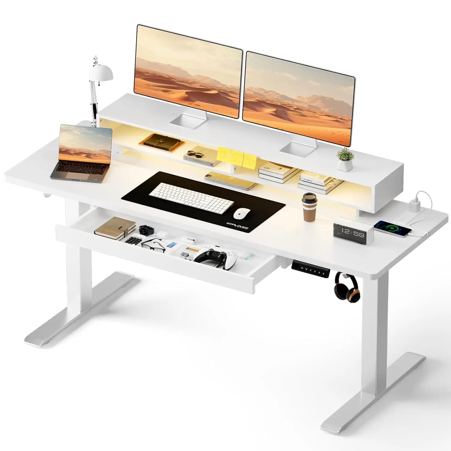 Scrivania da Gaming Elettrica Regolabile in Altezza 55x24 con Cassetto, Supporto Monitor, Prese Elettriche e LED, Personalizzabile per Casa e Ufficio