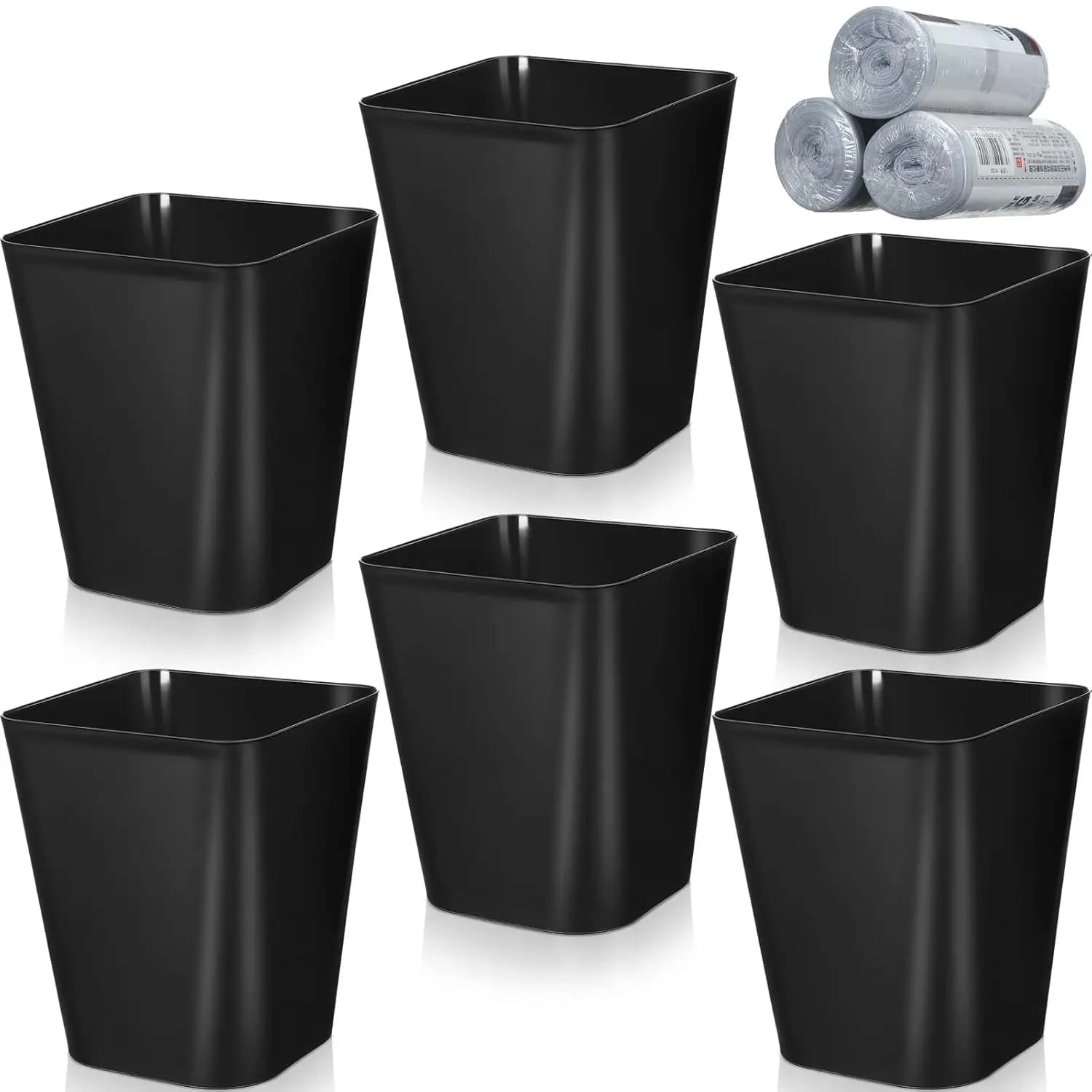 Set di 6 Piccoli Cestini per Rifiuti con Sacchetti per Bagno, Cucina, Ufficio - Cestino in Plastica Nera