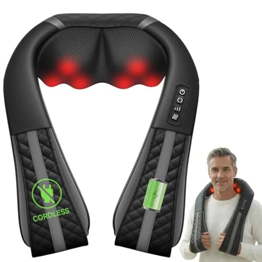 Massaggiatore per Collo Senza Fili con Calore e Shiatsu per Alleviare il Dolore, Cuscino Massaggiante 4D per Spalle e Schiena, Ricaricabile, Nero