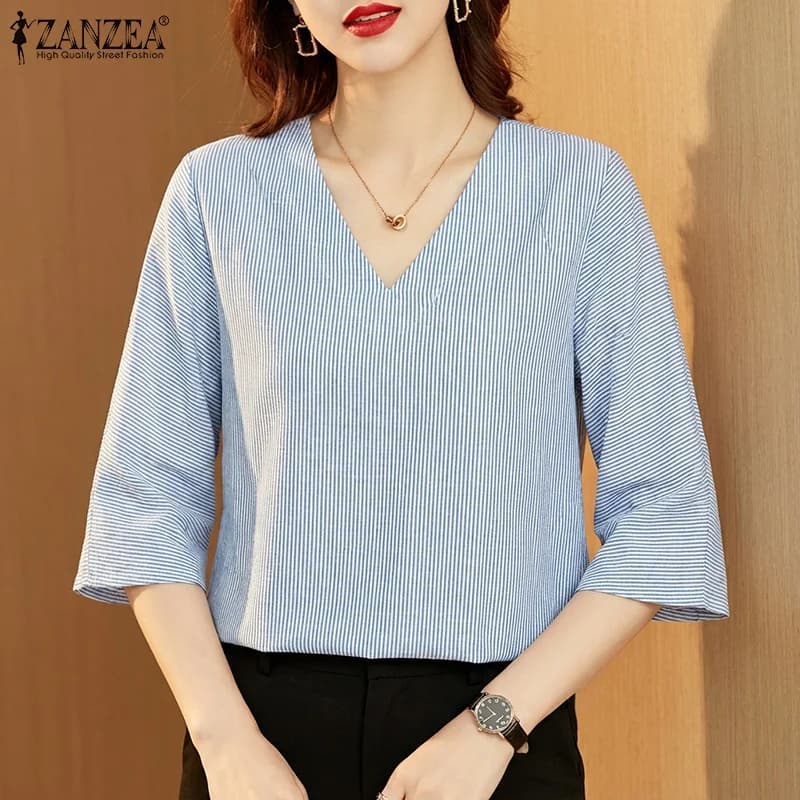 2026 ZANZEA Camicette a righe da ufficio Donna Scollo a V Manica a 3/4 Top Primavera Casual OL Camicia da lavoro Tunica di moda Camicia allentata femminile