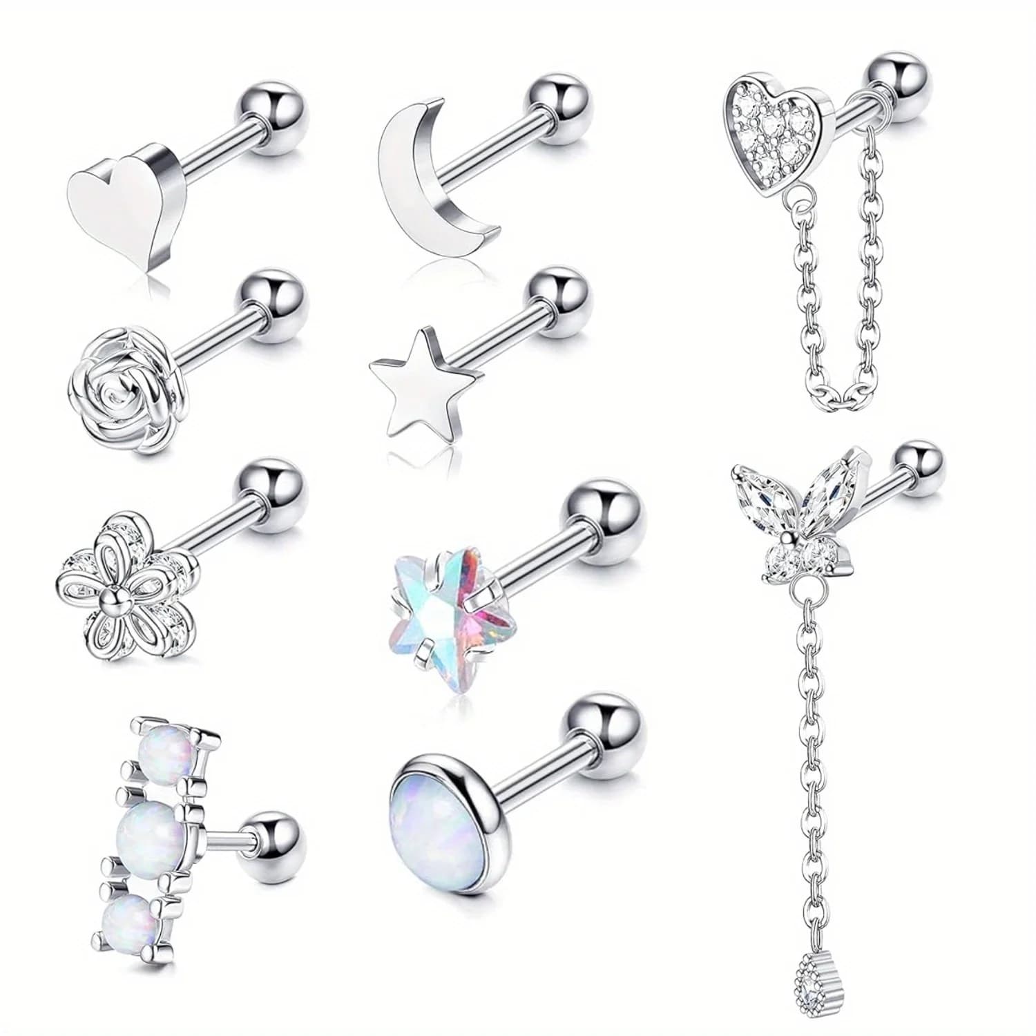 Drperfect pin earrings for female cartilage, stainless steel, circle, with heart pendant, flower and chain, piercing jewelry with zircons