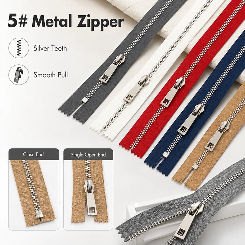 5Pcs 5# Metal Zippers 15-80cm Silver Teeth Closed Open End Zip for Clothes Jeans Bag Repair Sewing Accessory Parts Kit DIY Set