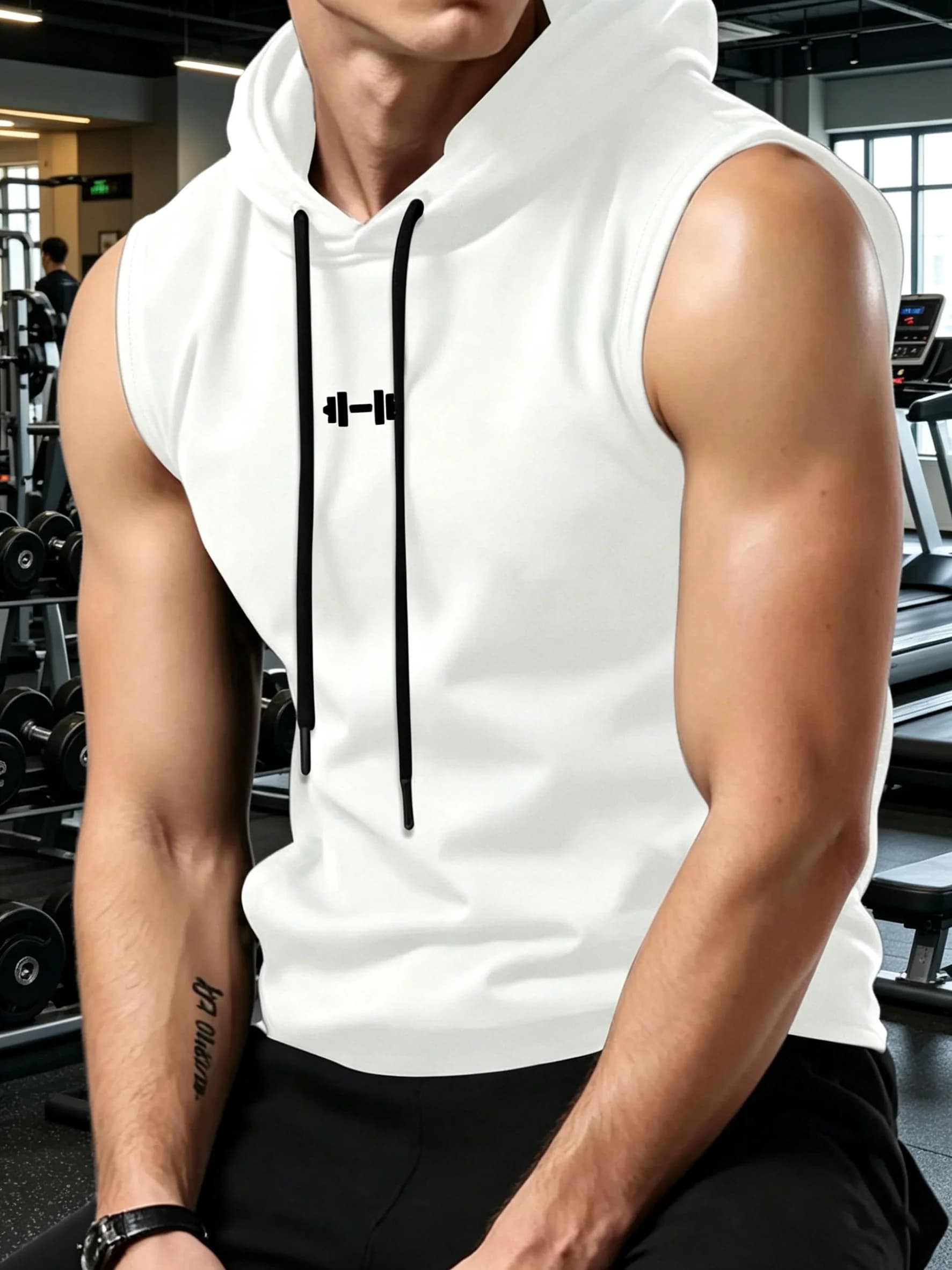 Gilet Senza Maniche con Cappuccio Bianco da Uomo, Stampa Pesi, Traspirante, per Palestra, Allenamento, Fitness, Sportivo, Primavera Estate
