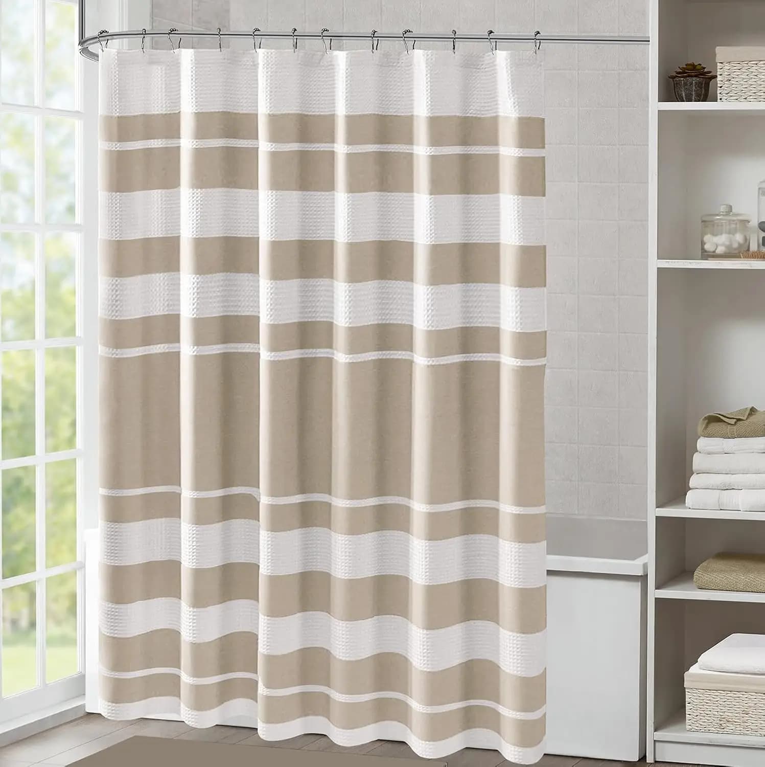 Tenda da doccia per waffle spa a righe marroni, tenda da doccia testurizzata con waffle bianco, arredamento moderno per il bagno in tessuto impermeabile