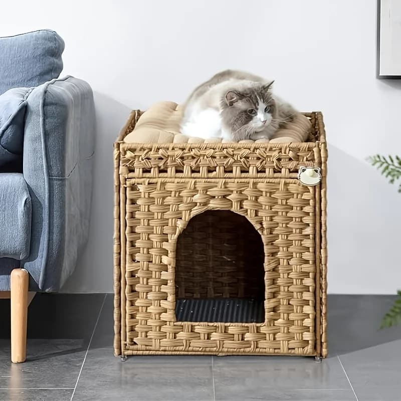 Mobiletto per lettiera per gatti con piedini rialzati in metallo, lettiera nascosta in rattan intrecciato a mano con tappetino, mobiletto per lettiera per gatti per camera da letto e soggiorno, bianco