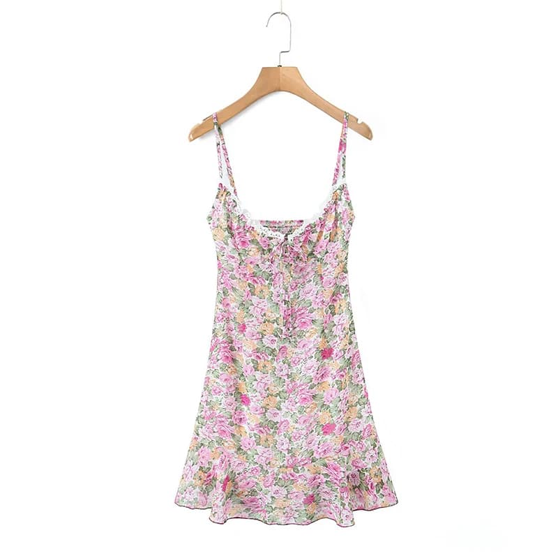 YENKYE Floral Print Sexy Sling Mini Summer Dress Women Lace Spliced O Neck A-line Holiday Beach Dresses Female Short Robe
