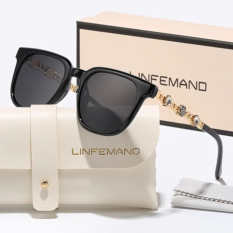 LINFEMAND Occhiali da sole da donna con montatura quadrata decorativa alla moda UV400 Catena in metallo Decorazione floreale Regalo ideale per le vacanze alla moda