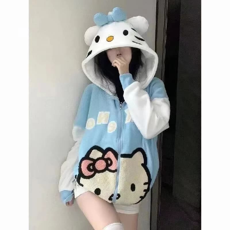 New Oversize Hoodie with Hello Kitty Printing, Casual Streetwear Jacket, Women's Sweater, Y2K Style Coat with Zip, Cute