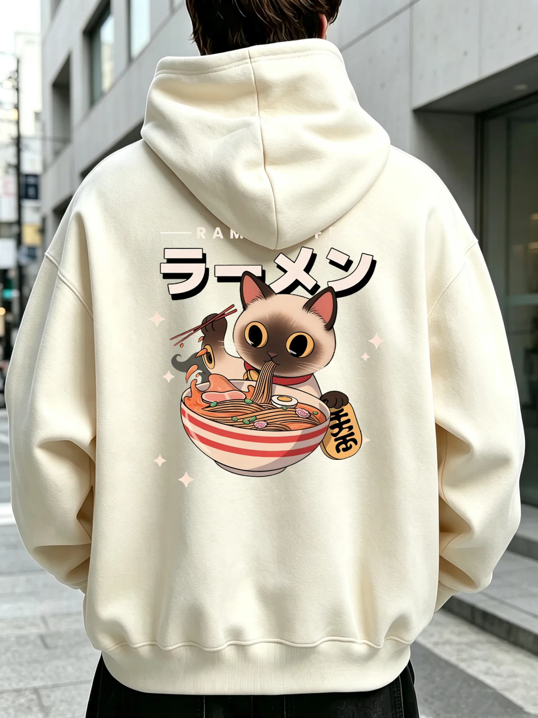 Kitten'S Daily Lamian Noodles Pattern New In Men Hoody Autumn Pocket Streetwear Loose Casual Pullover Fleece Hooded Long Sleeved