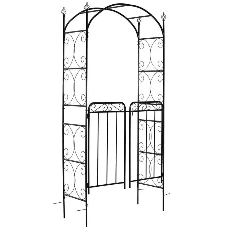 Outsunny Arco da Giardino con Cancello 213 cm, Traliccio Metallico, Arco per Piante Rampicanti, Decorazione per Cerimonie Nuziali, con Decorazioni e Punte a Freccia, Nero