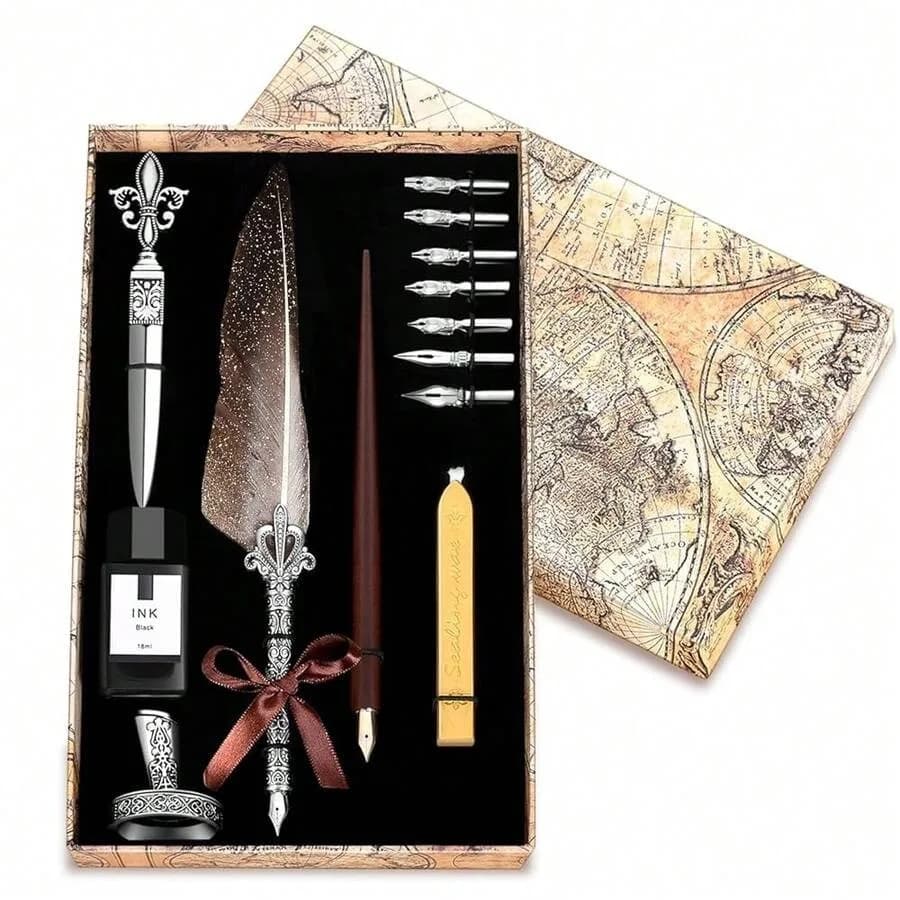 Quill Pen Ink Set, Feather Quill Pens With Wooden Calligraphy Pen, Including 7 Different Sizes Of Nib, Calligraphy Pen Set Gift