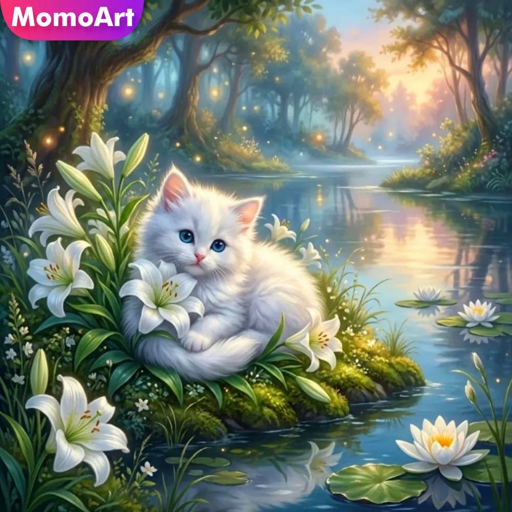Momoart Diamond Mosaic Cat Animal Full Square Painting Tree Picture Of Rhinestones Embroidery Lily DIY New Arrival Wall Decor