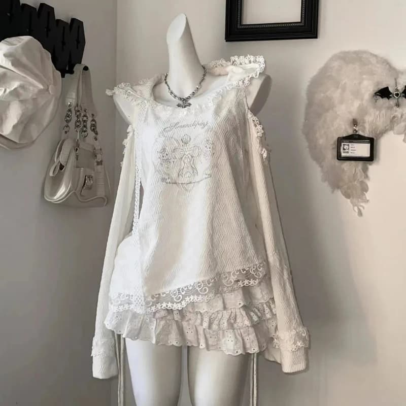 Set di gonne stile dolce Lolita Kawaii da donna gotico sexy con spalle scoperte top con cappuccio carino mini gonne torta abiti coreano Y2k set da 2 pezzi