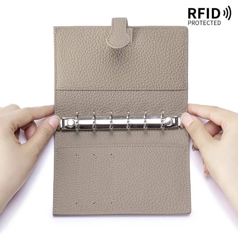 A7 Genuine Leather Refillable Notebook, 6-Ring Mini Binder Planner with Card Slots, Snap Closure and Passport Organizer Wallet