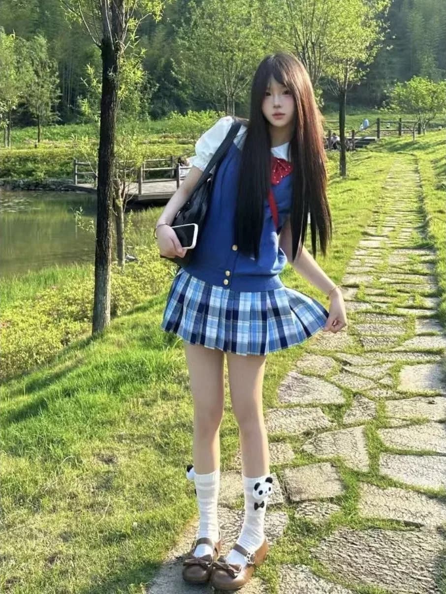 Original JK Uniform Blue Green Cardigan Vest Blouse Flounce Collar Shirt Plaid Skirt Set for Young Women Breathable Polyester