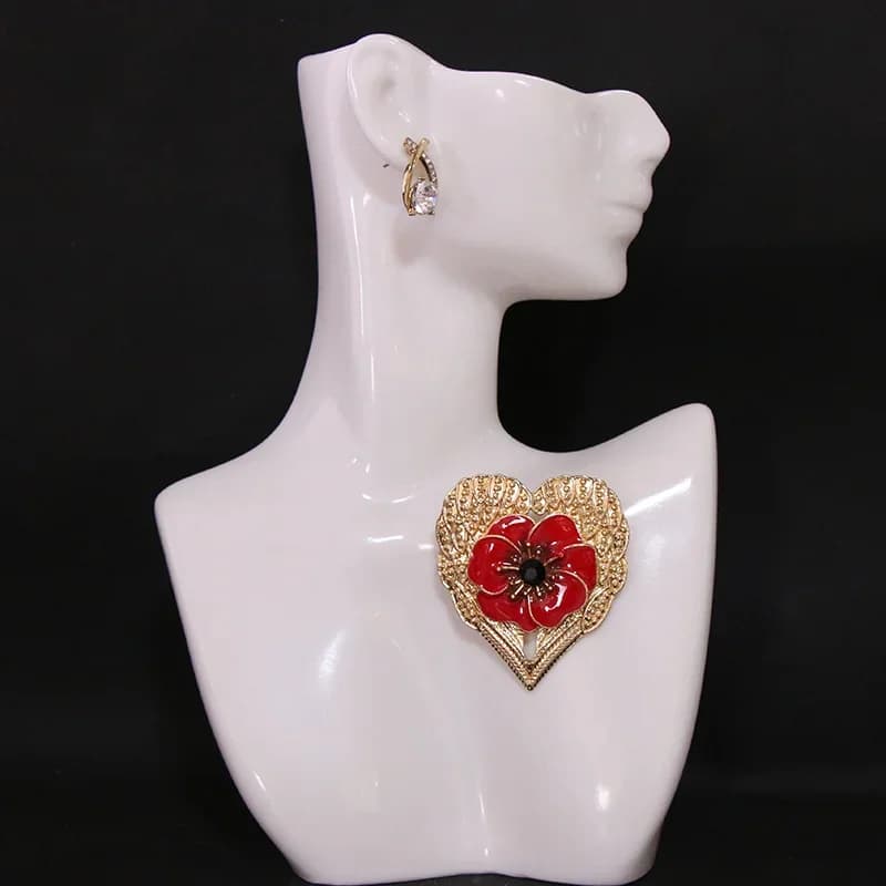 Spilla a forma di cuore placcata oro con fiore di papavero, smalto rosso e cristallo nero, spilla da risvolto per abito da donna, gioiello da sciarpa, idea regalo