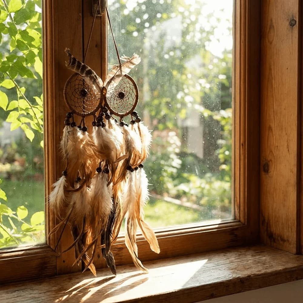 Ornaments Owl Shaped Dream Catcher Brown Feathers Handcrafted Dreamcatcher Net Circular Net Handmade Dreamcatcher Office