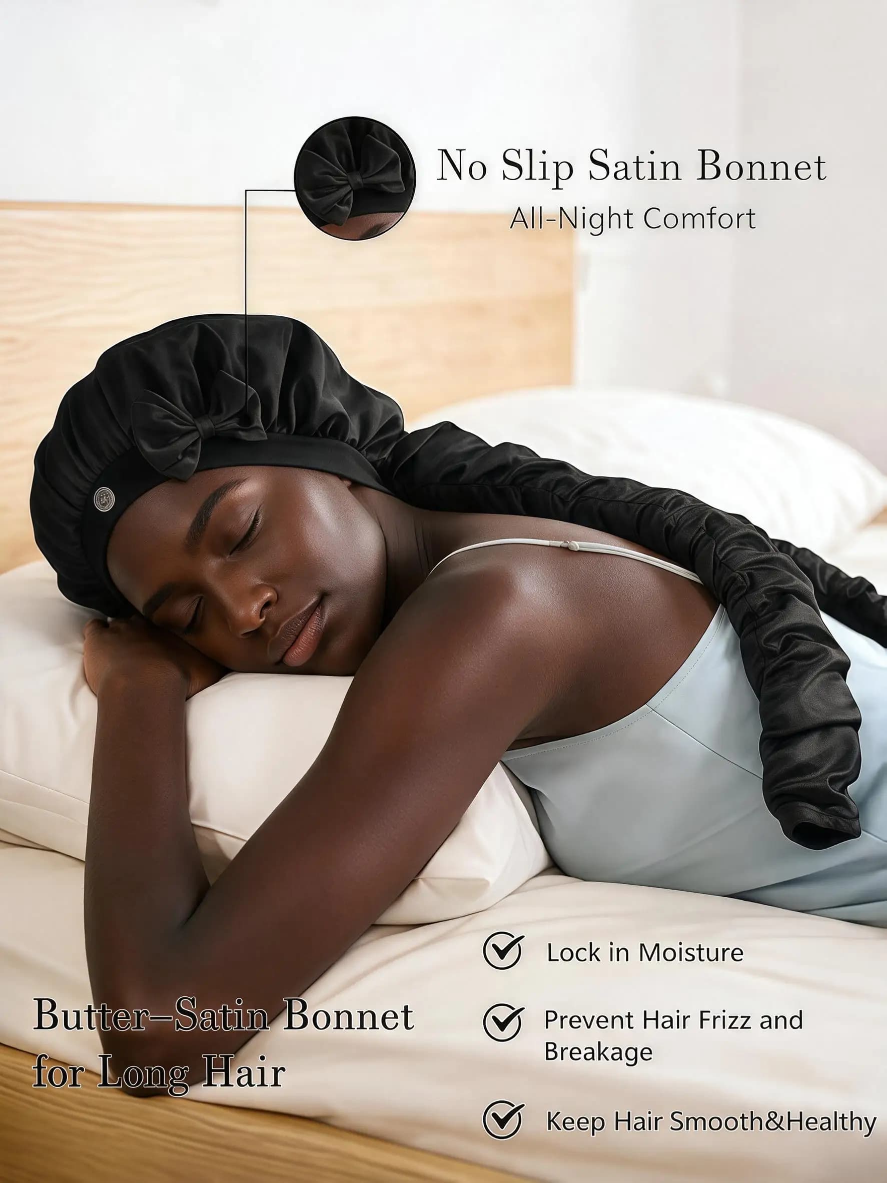 Silk-Like Satin Bonnet for Women – Long Sleep Cap with Bow, Hair Bonnet for Braids & Curls, Travel Essentials & Heatless Curls Tool.