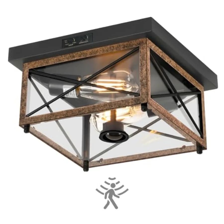Plafoniera da Esterno con Sensore di Movimento, Lampada da Soffitto a Incasso per Portico, Plafoniera a 2 Luci in Metallo Stile Rustico