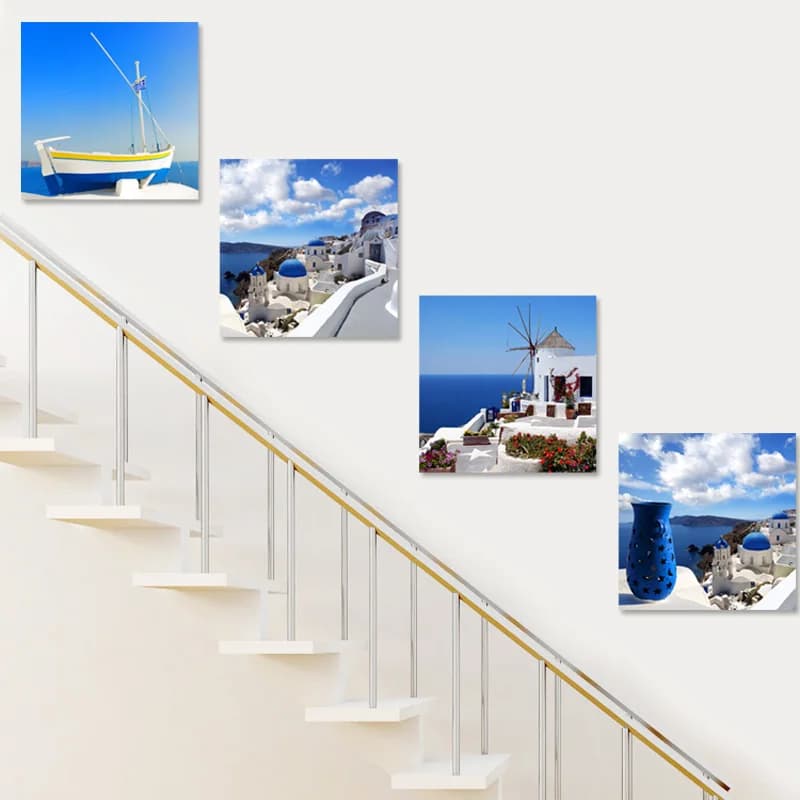 Landscape Square for Stairs, Mediterranean Style Combination, Decorative Art for Corridor, Wall Image for Hotel Senza Cornice, Home Decoration