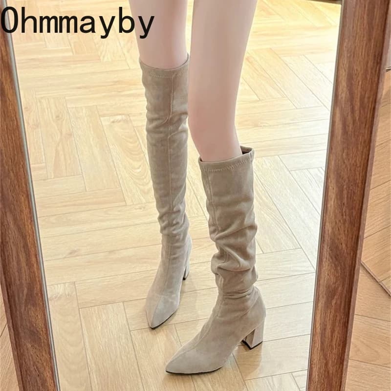 Women's boots on the knee in stretch fabric winter fashion Street Style Chunky heel Party Stripper Long boots Women's Silm