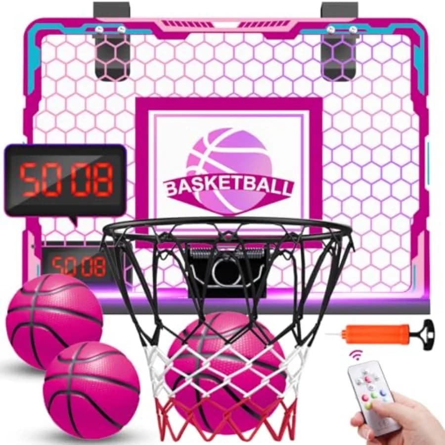 Canestro da Basket per Ragazze da Interno, Rosa, con Luci a 7 Colori, Tabellone Segnapunti Elettronico e Telecomando