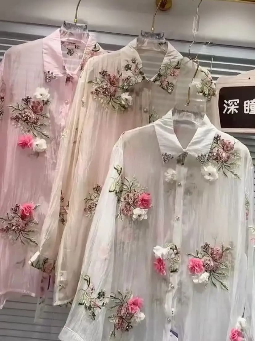 Luxury Design Summer Sparkle Diamonds Flowers Embroidery Party Shirts Women's Light Solar Protection Top Women's Clothing