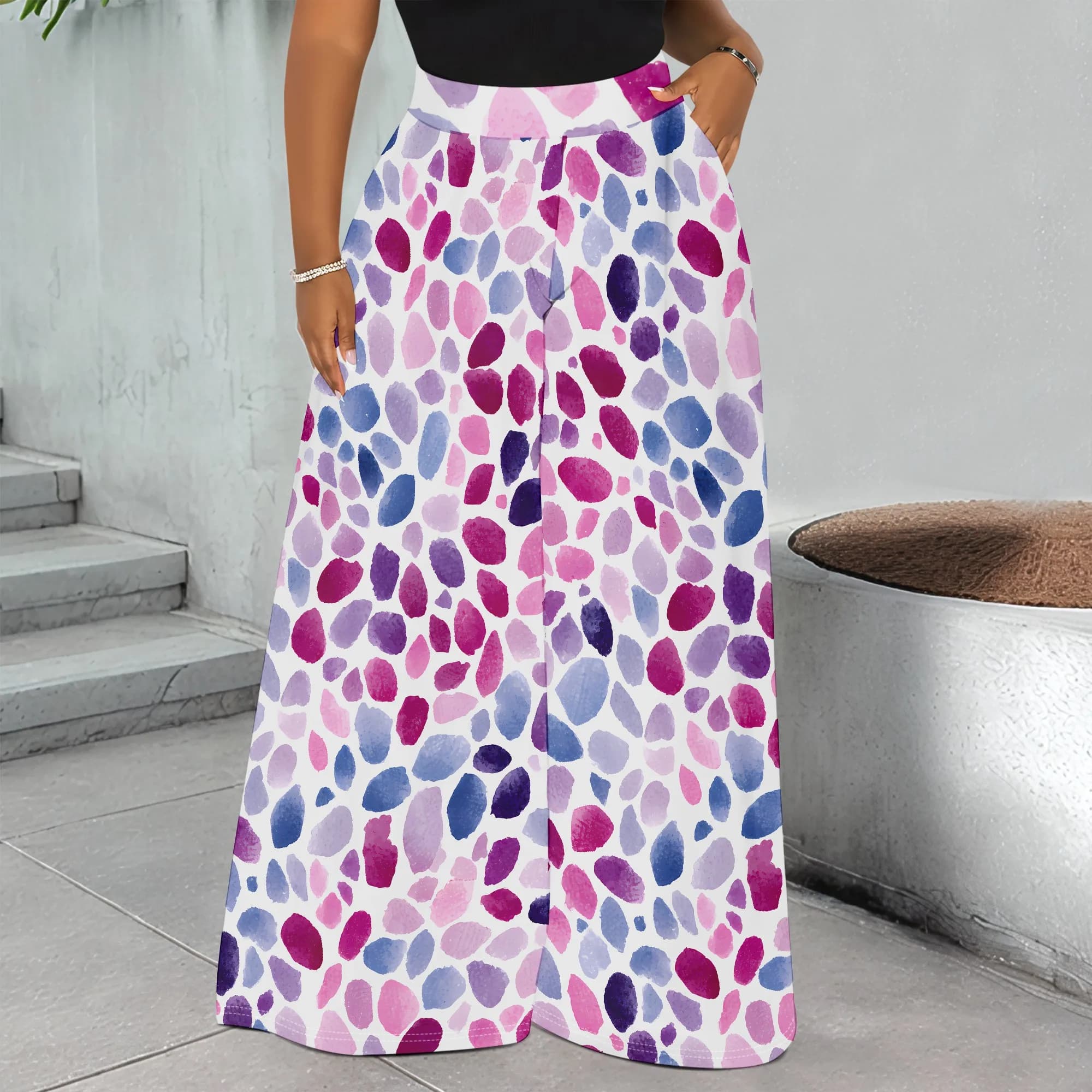 Abstract Watercolor Print, Wide Leg Pants with Pockets, Loose Fit Trousers for Women, Casual Beach Vacation Wear, S-3XL