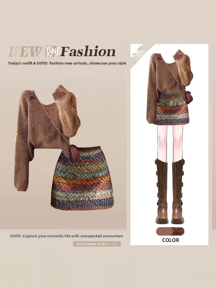 Set Due Pezzi Autunno Inverno per Donna: Maglione Morbido e Confortevole a Collo Tondo e Gonna Corta a Righe Modellante, Stile Casual e Alla Moda