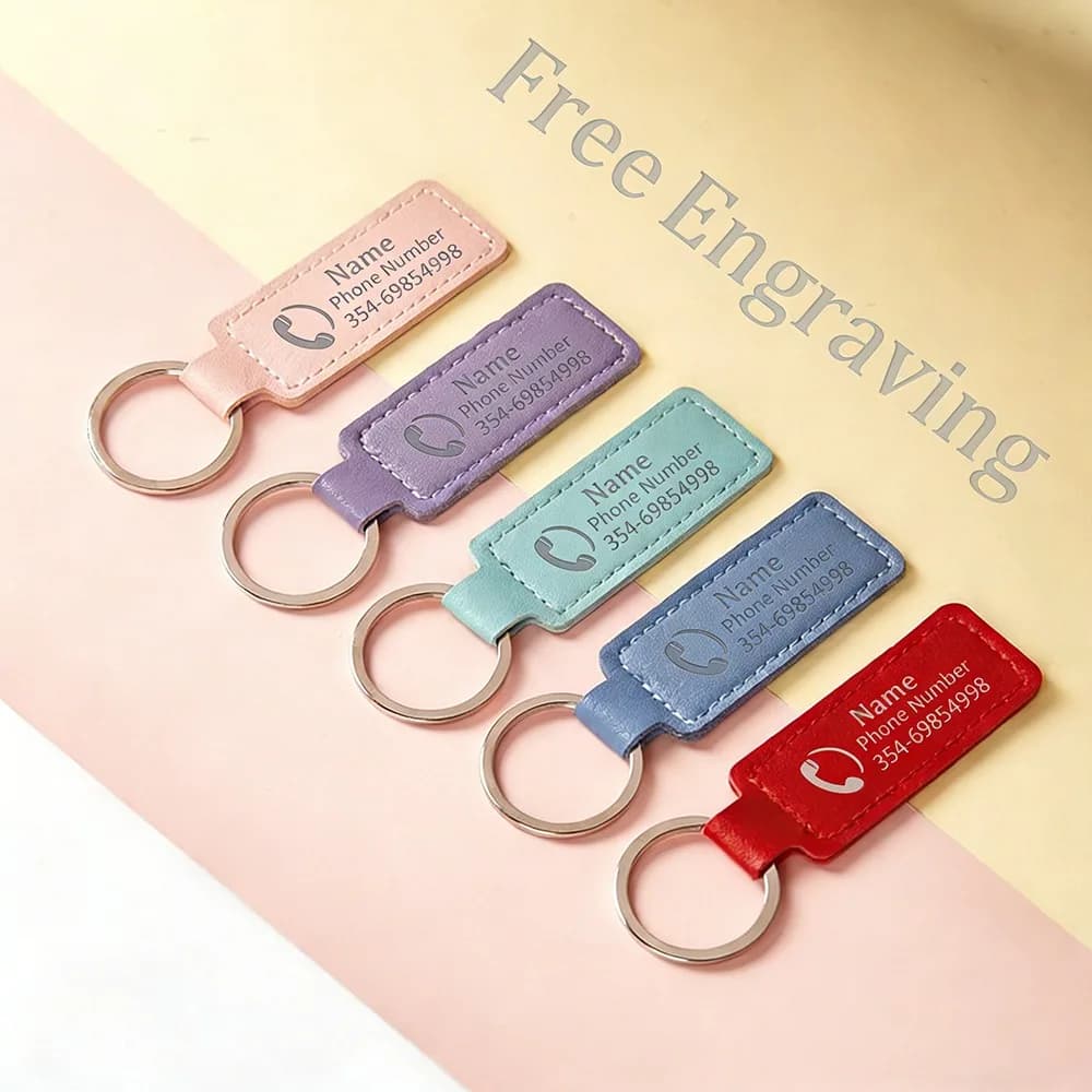 Custom PU Leather Keychain with Free Laser Engraving Name and Logo on both sides, Pendant for Bag, Gift for Men and Women