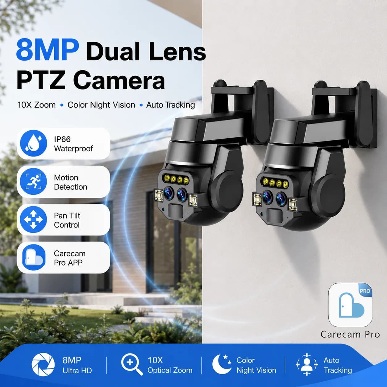 8MP Dual Lens PTZ Security Camera Outdoor WiFi CCTV Camera 10X Optical Zoom Color Night Vision Auto Tracking Motion Detection IP66 Waterproof Pan Tilt Control Two Way Audio Carecam Pro APP Wireless Smart IP Camera for Home Yard Surveillance