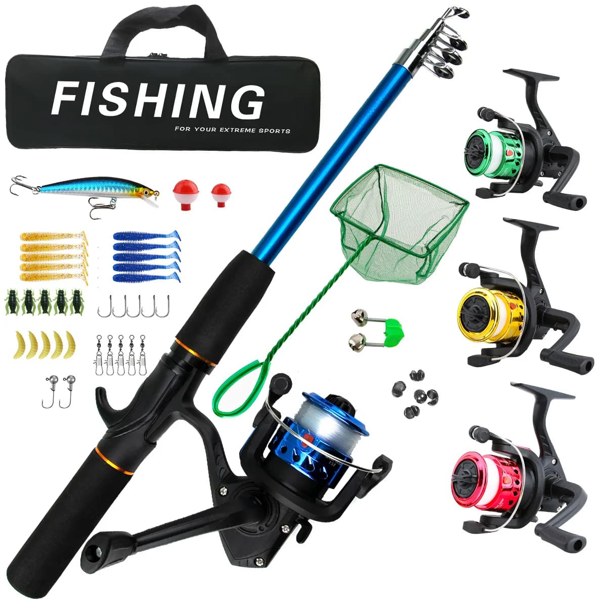 Routine completa di canne da pesca, set di canne secondarie, pesca in mare a lungo raggio, manico per pistola, ruota per canne, esca morbida, amo da pesca, attrezzatura da pesca in filo