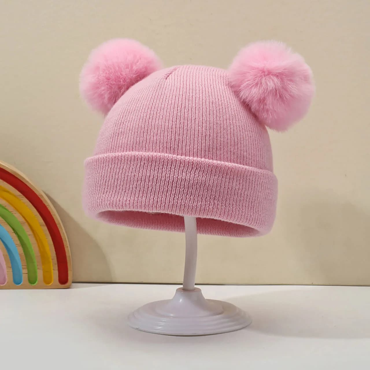 Winter Warm Kids Knit Hat Double Plush Ball Infant Beanie Solid Color Woolen Crochet Bonnet 1-6Year Boys Girls Baby Pullover Cap