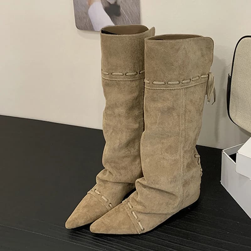 Liyke Fashion Design Coulisse Lace Up Knee Boots Women's Vintage Point Toe Inside Growing Height Long Shoe Botas Mujer