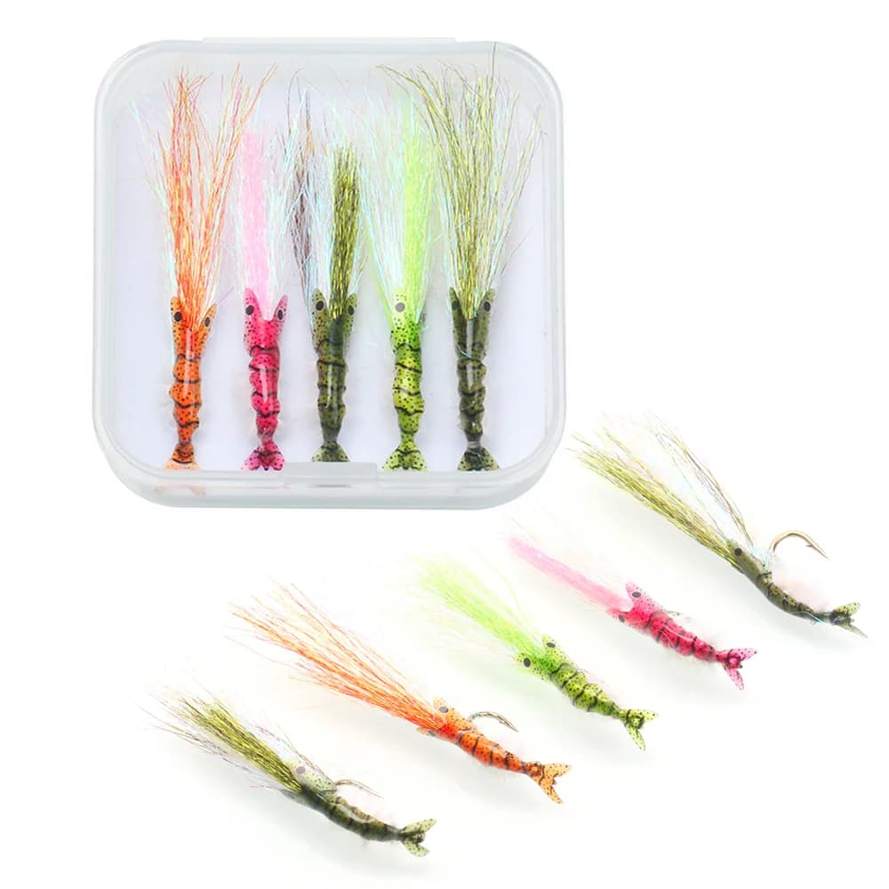 5 pezzi/scatola # 8 # 10 # 12 esche artificiali Ice Dub Shrimp Fly con amo barbato per la pesca a mosca di Trota, Spigola, Persico, Bonefish, Carpa