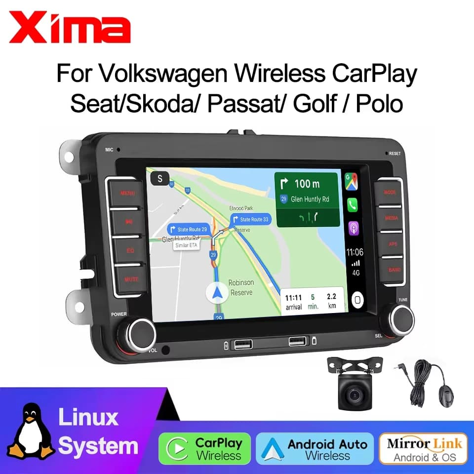 Autoradio 2 DIN Android Auto Wireless Carplay per VW Skoda Golf Touran Passat B6 B7 Polo, sistema multimediale con GPS, stereo 2 DIN, Linux.