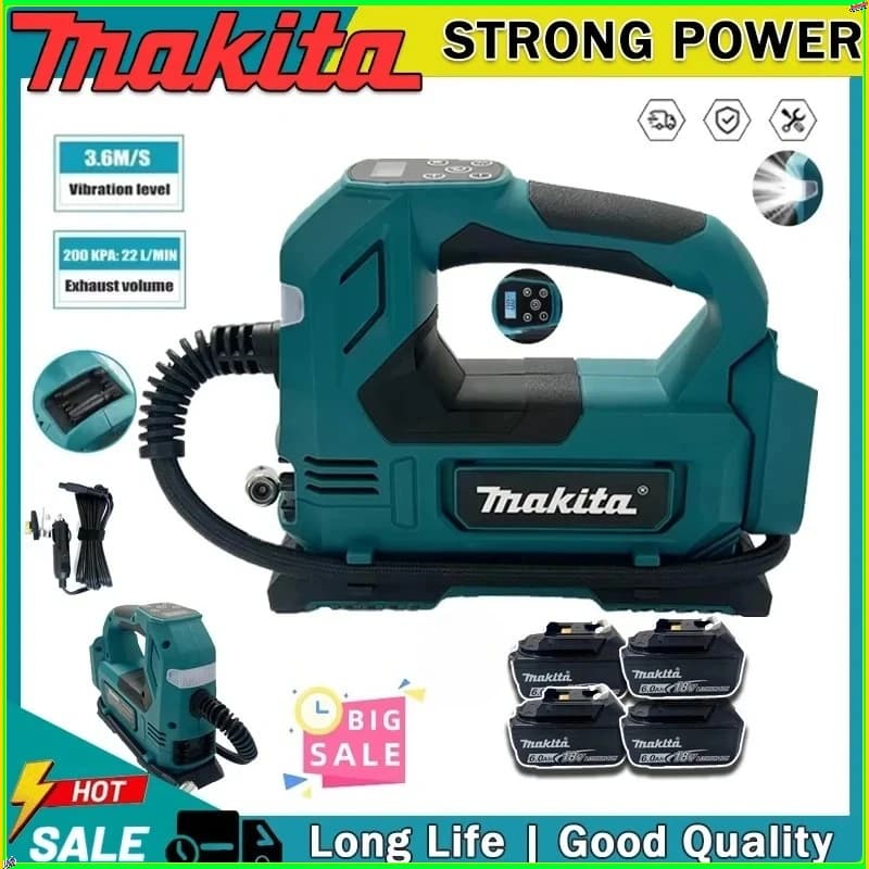 Pompa ad aria senza fili Makita: Gonfiatore portatile per pneumatici con display digitale, utensile elettrico per auto e moto 18V