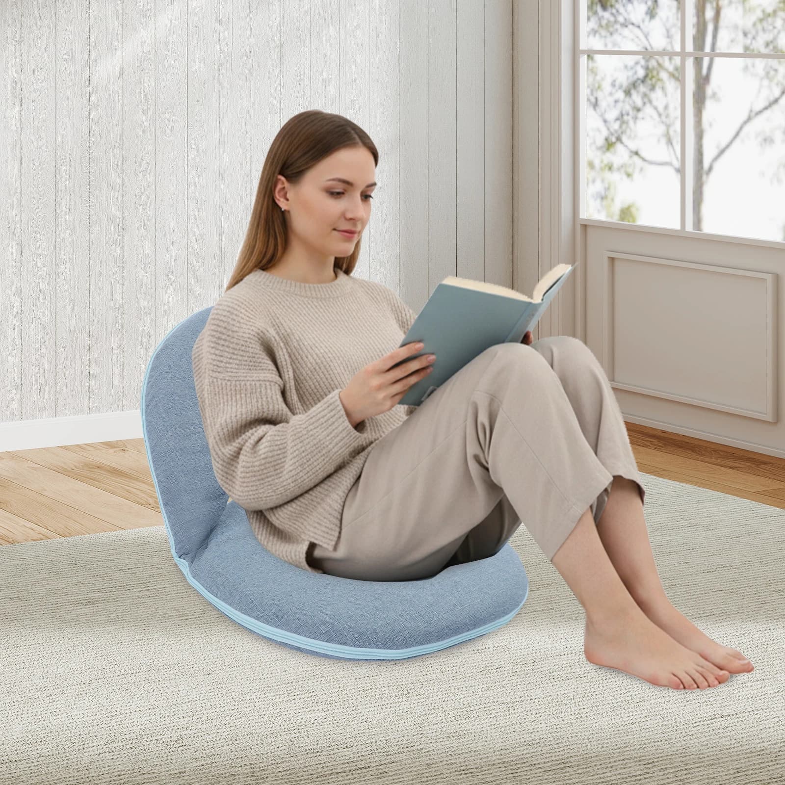 Blue Folding Floor Chair, Floor Cushion, Adjustable 6-Position Floor Seat with Back Support, Floor Cushion, Meditation Chair