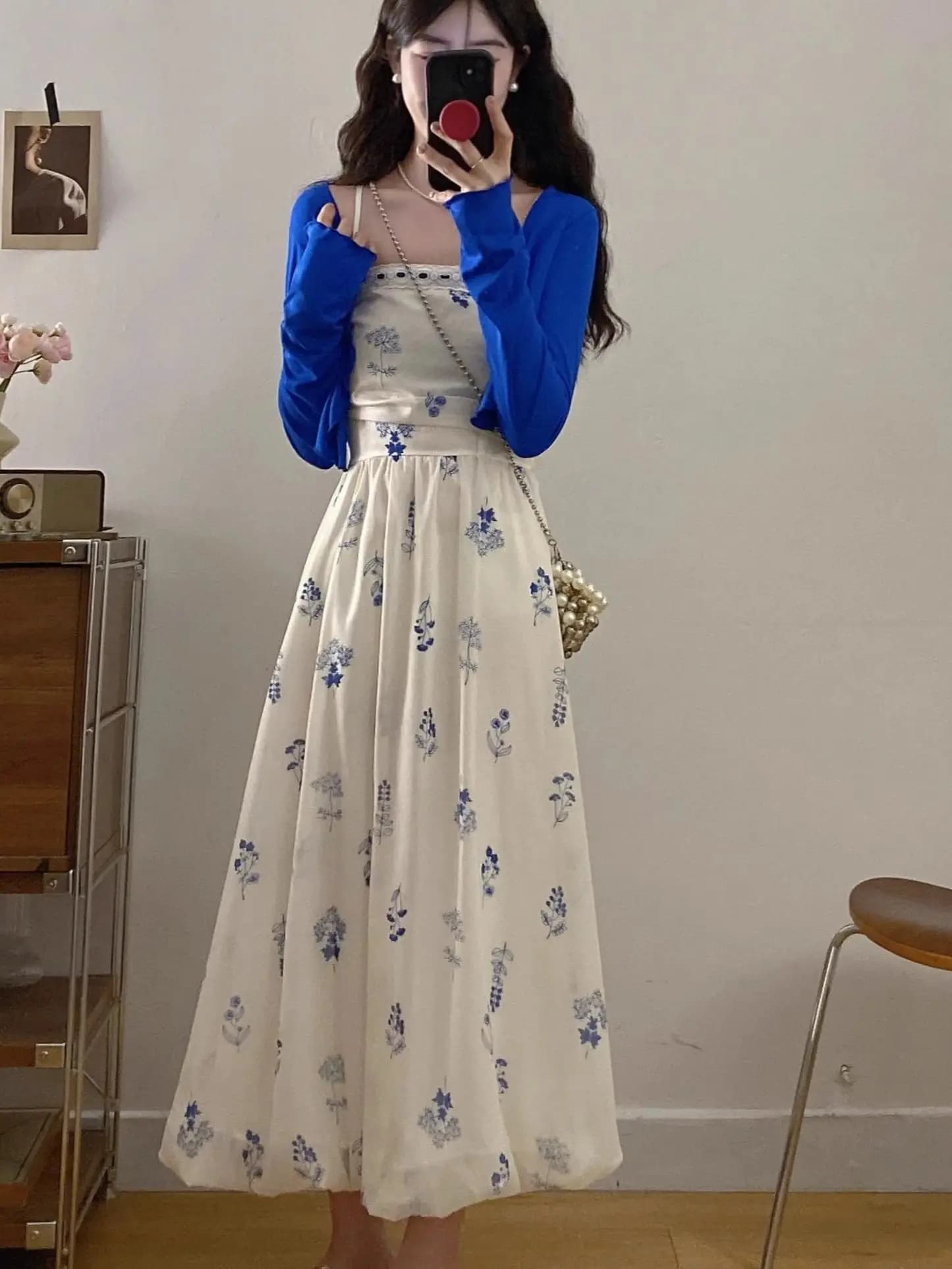 Meng Xiaoqi Floral Print Halter Dress Women's Summer Beach Vacation Slim Fit Waist Cinching Bloom Short Skirt Fashion Set