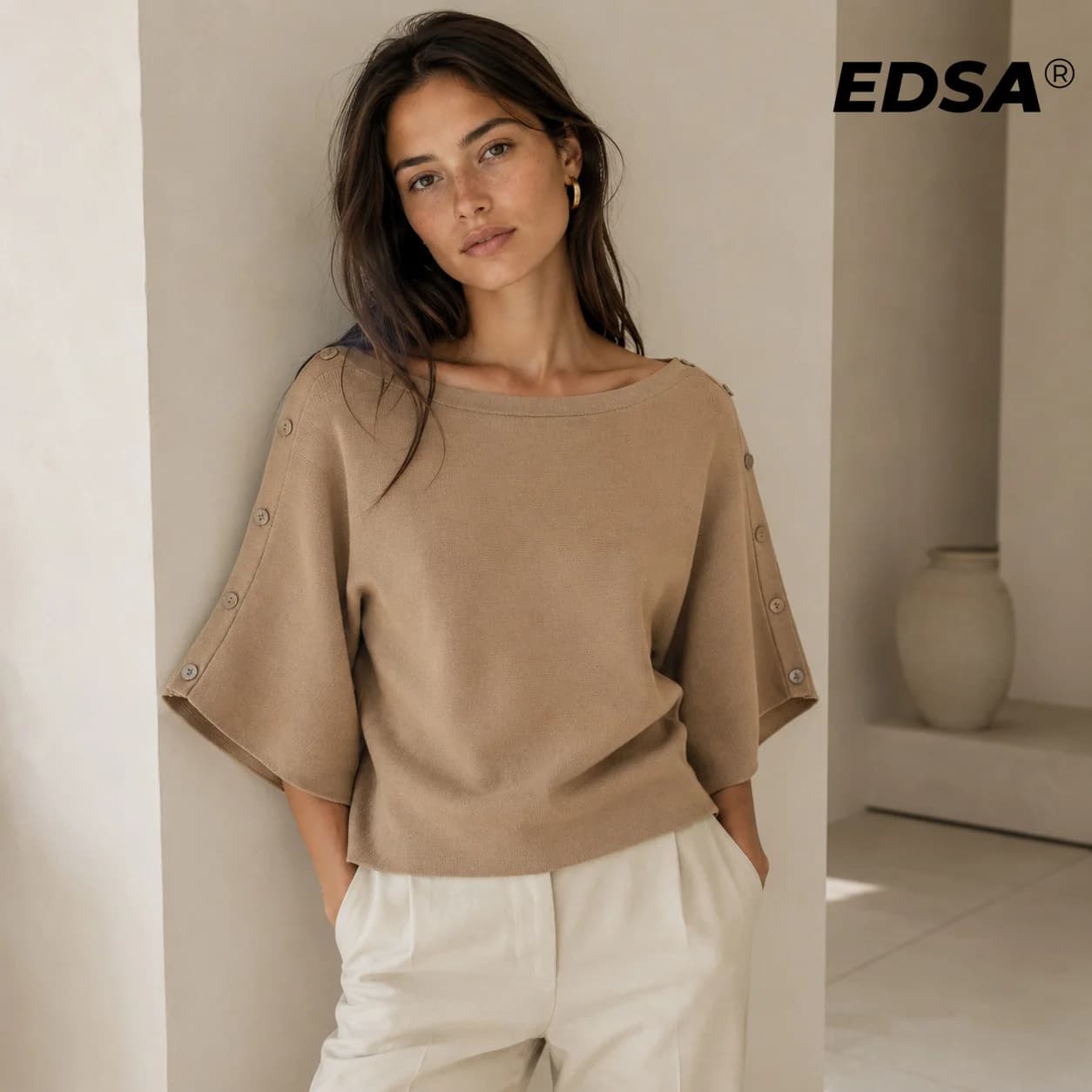 EDSA Maglione lavorato a maglia da donna con maniche a mantella, bottoni laterali, scollo a barca, moda primavera estate, top femminili