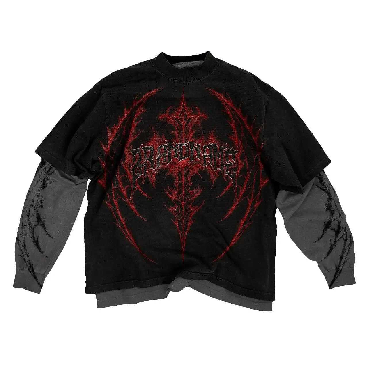 Y2K Cyber Grunge T-shirt finta in due pezzi Texture misteriosa scarlatta Streetwear gotico Top a strati unisex Stile solitario ribelle