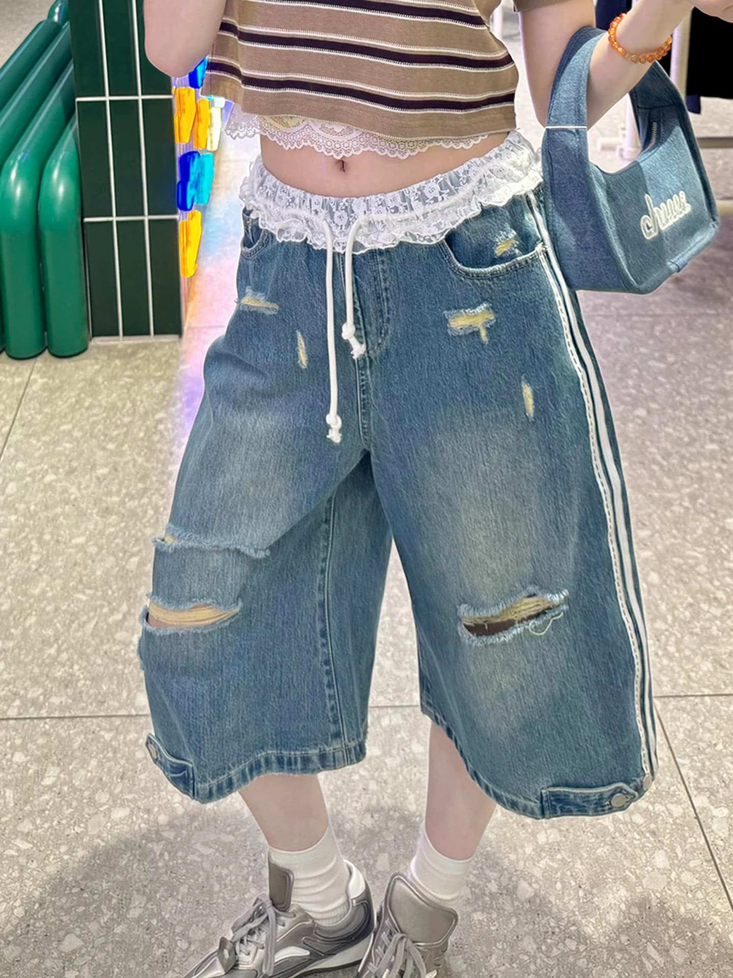 American High Street Sexy Hole Wide Leg Denim Jeans Women's Summer New Style Lace Splicing Loose Seven-Foot Pants
