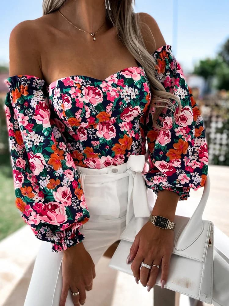 Boho donna sexy top estate spalle scoperte camicette floreali donna casual camicetta senza schienale vacanza femminile slash neck top abbigliamento