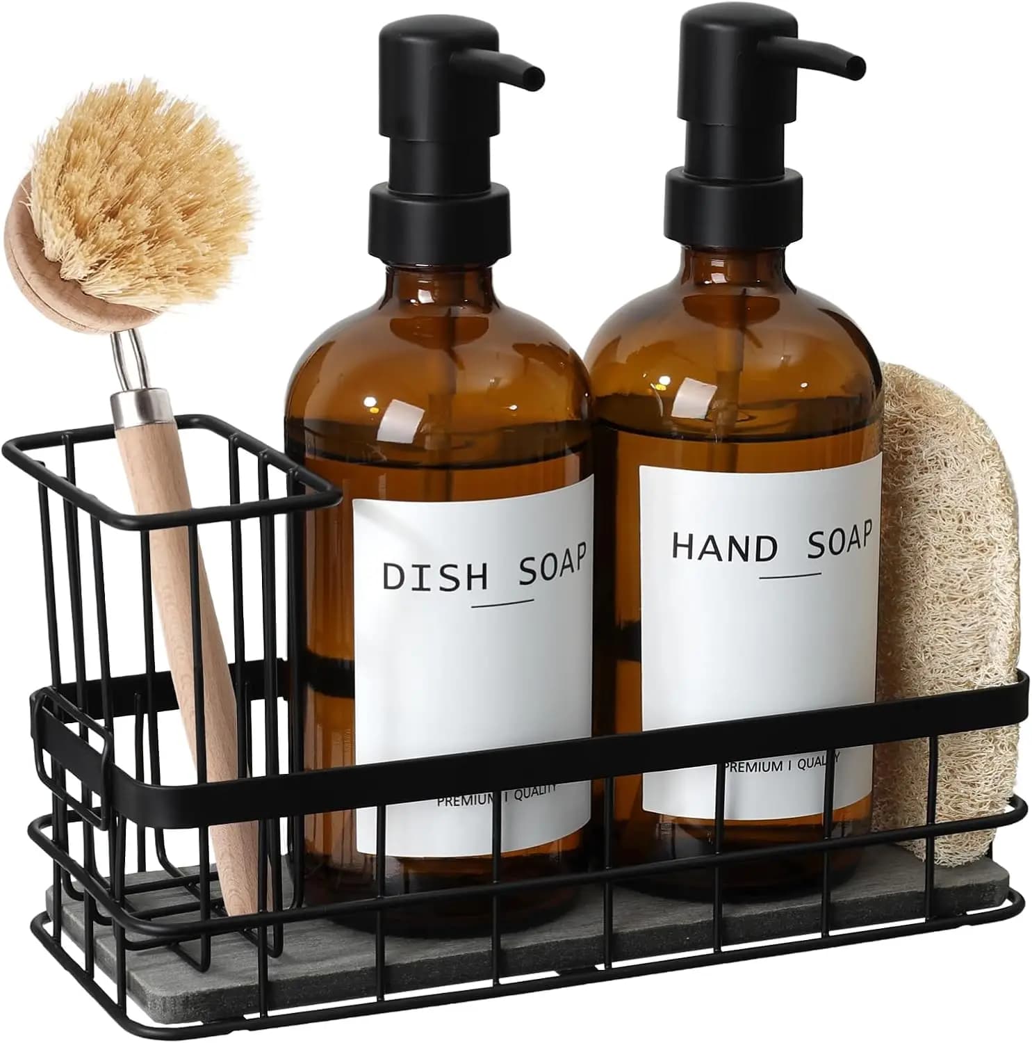 Set Dispenser Sapone in Vetro Ambrato da 500 ml con Porta Spugna e Vassoio per Organizzazione Lavello Cucina