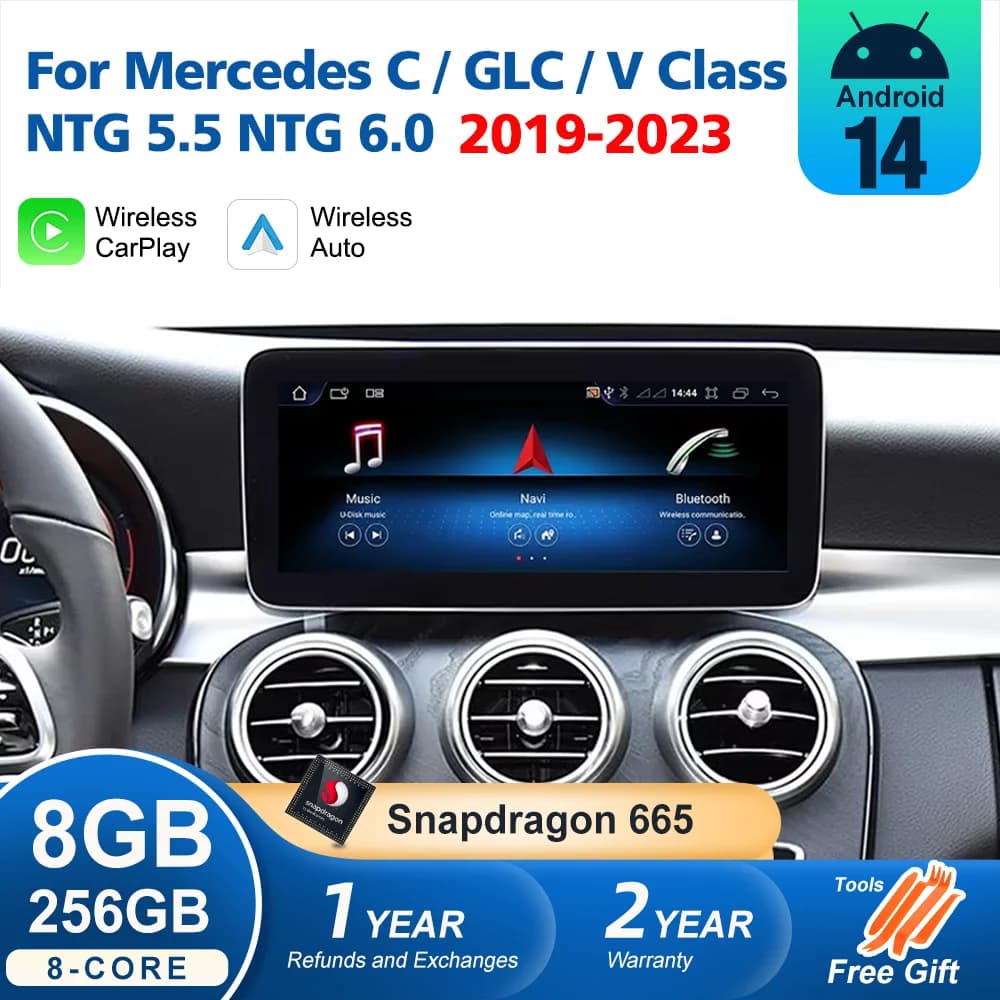 Android 14 Wireless CarPlay for Mercedes C GLC V W205 X253 W447 NTG 5.5 NTG 6.0 2019-2023 Radio Auto Multimedia Screen Reader
