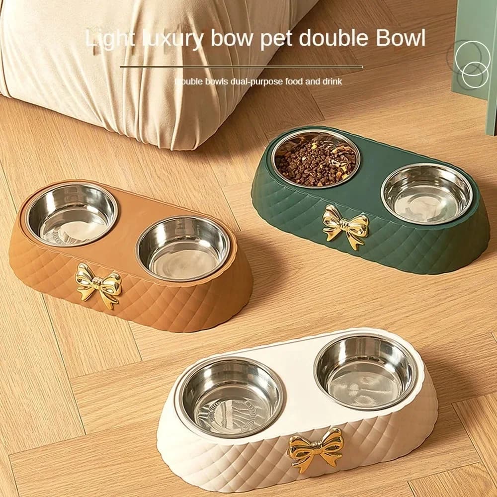Pet Bowls with Holder Double Pet Bowls Prevent Slip Stainless Steel Pet Food Water Bowls with Bowknot Decor Holder for Dog Cat