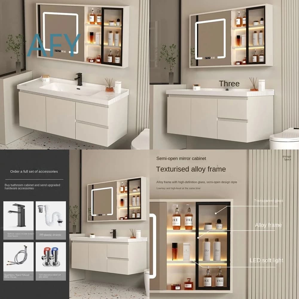 Smart Wall Mounted Solid Wood Multilayer Bathroom Cabinet with Ceramic Basin Square Mirror for Modern Small Bathrooms Storage