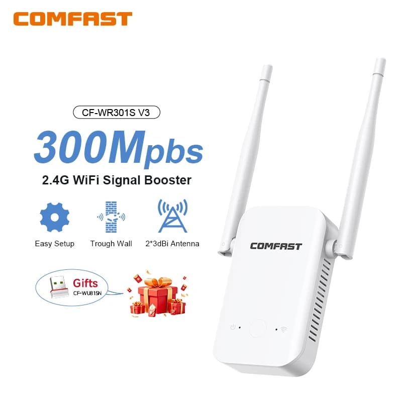 Ripetitore WiFi COMFAST 300Mbps, estensore di segnale wireless 2.4G, amplificatore di segnale WiFi, router con 2 antenne a lungo raggio per la casa